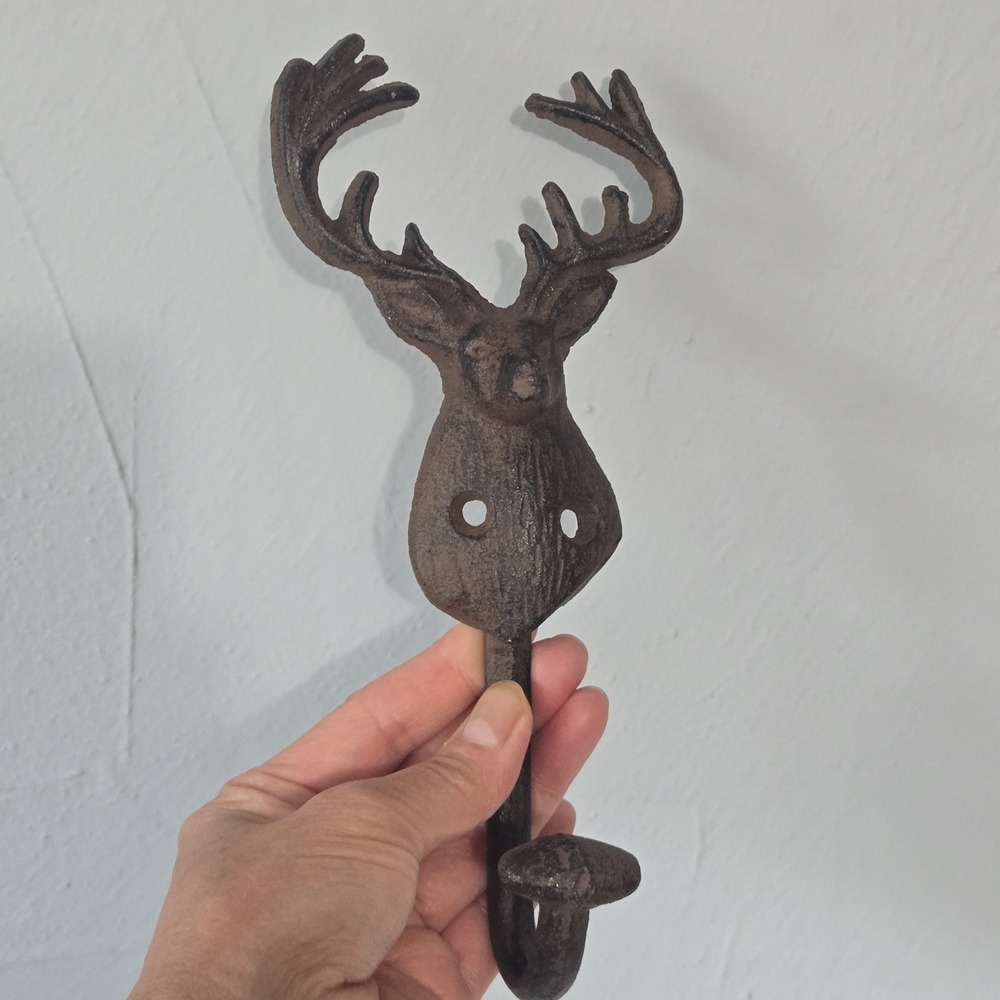Cast Iron Buck Deer Head Wall Hook Coat Towel Hook Rustic Farmhouse Cabin Lodge - Picture 6 of 12